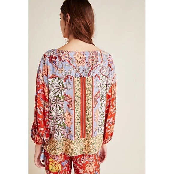 Anthropologie Sonrisa Paisley Floral Tassled Boho Peasant Viscose Blouse Size S - Picture 2 of 16